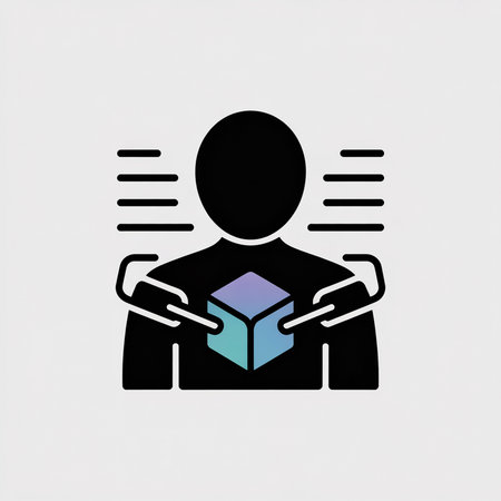 Black silhouette of a person holding a teal and purple cube connected by chains against a light gray background with data stream lines.のイラスト素材