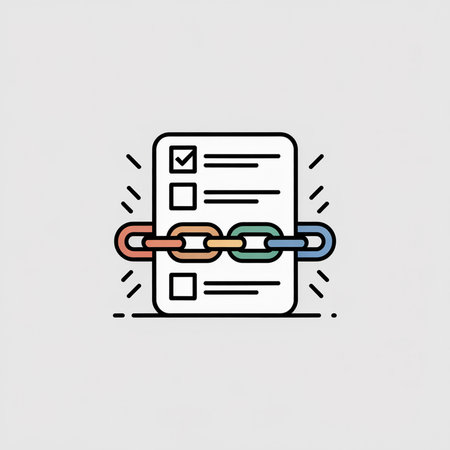 A minimalist illustration depicts a checklist document bound by a chain of pastel-colored links.  The style is flat and simple with clean lines.のイラスト素材