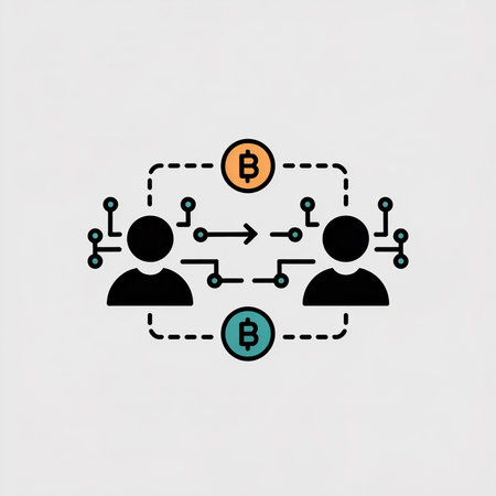 Two black user icons exchange a bitcoin via connected lines and circles in orange and teal against a white background.  The style is minimalist vector.のイラスト素材
