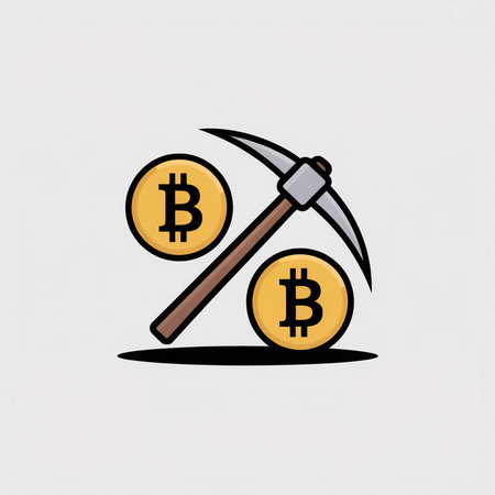 A simple illustration shows a pickaxe mining two golden bitcoin coins against a light gray background. The style is minimalist and flat.のイラスト素材