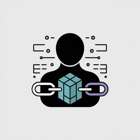 Black silhouette person holds teal cube linked by white and purple chains against a light grey...