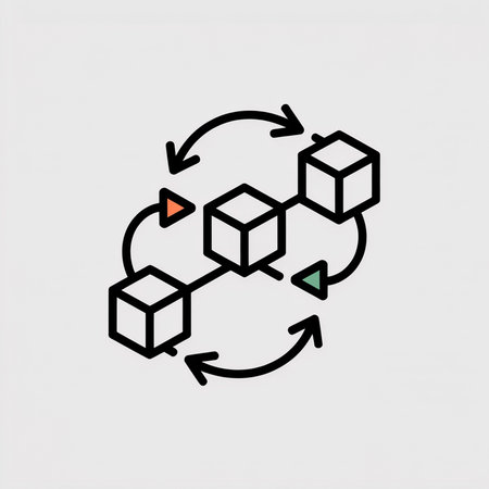 Three white cubes with black outlines are interconnected by lines and arrows in coral teal and green forming a circular flow pattern on a light gray background.のイラスト素材