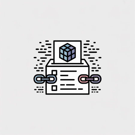 A minimalist vector icon shows a pastel-colored cube inside a document box connected by chains. The...