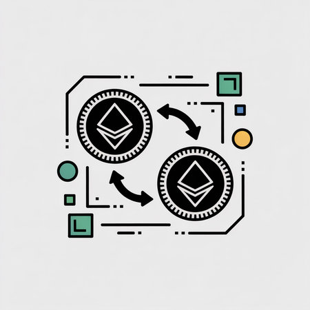 Two black coins displaying the Ethereum symbol are shown exchanging within a circuit board style frame accented with teal, orange, and blue.  The background is light gray.のイラスト素材