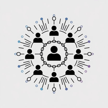 A minimalist vector icon depicts a network of black person silhouettes linked by a chain.  A central figure is surrounded by radiating lines and small circles on a light gray background.のイラスト素材