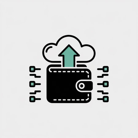Black wallet with stitched detail uploads data to a teal cloud via stylized digital signals against...