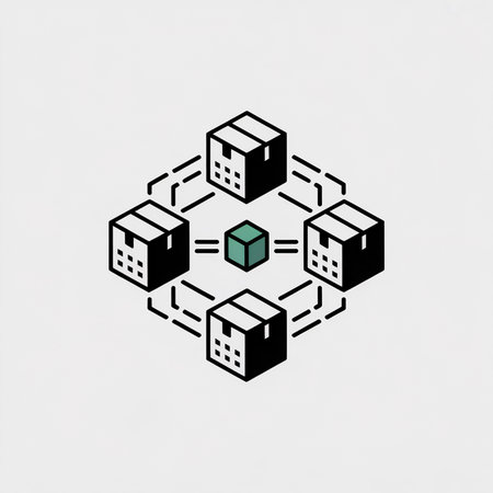 Isometric vector illustration featuring four black cardboard boxes surrounding a central teal cube connected by dashed lines against a light gray background. The style is minimalist and simple.のイラスト素材