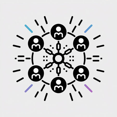 Six black user icons encircle a central snowflake design connected by lines against a light gray...