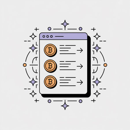 Three orange Bitcoin icons on a light purple smartphone screen with stylized transaction arrows.  Minimalist line art vector illustration.のイラスト素材
