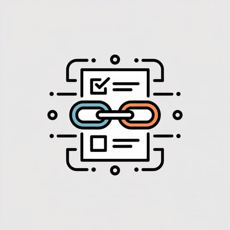 A minimalist vector illustration features a light blue and coral chain link superimposed on a white document with checkboxes and lines against a light gray background.  The style is simple and clean.のイラスト素材