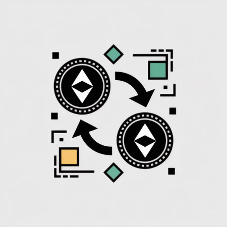 Two black coins featuring white Ethereum symbols are centrally positioned against a light gray...