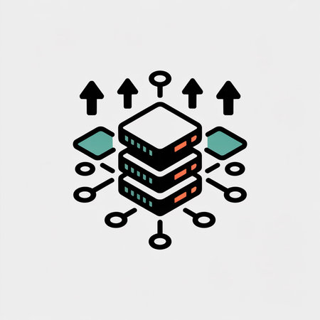 A minimalist vector illustration shows a three-tiered data server stack in black with orange and teal accents connected by teal nodes and upward arrows against a light gray background.のイラスト素材