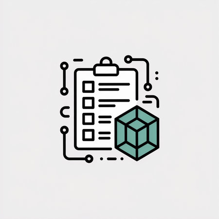 Teal cube 3D model next to checklist on clipboard black lines white background minimalist vector icon illustrationのイラスト素材
