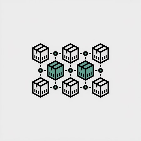 A simple vector illustration depicts a network of gray and teal isometric cardboard boxes connected by small circles against a light gray background. The style is minimalist and clean.のイラスト素材