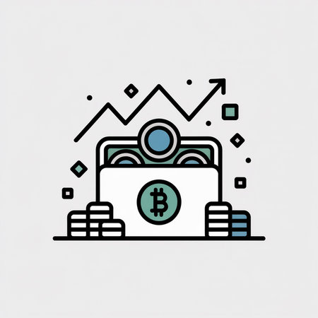 A minimalist vector illustration featuring a digital wallet filled with Bitcoin coins and an upward trending graph in teal and black on a light gray background.のイラスト素材