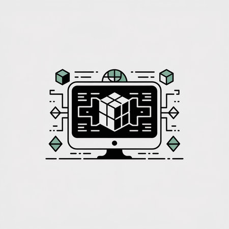 Black and sage green minimalist vector illustration featuring a computer screen displaying a 3D cube...