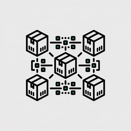 A minimalist vector illustration shows six black outlined cardboard boxes connected by lines with small green squares representing data points against a light gray background.  The style is simple and clean.のイラスト素材