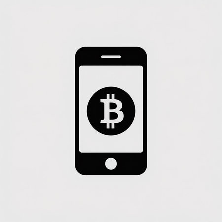 A simple black vector icon depicts a smartphone displaying a white Bitcoin symbol within a black circle on a light gray background.のイラスト素材