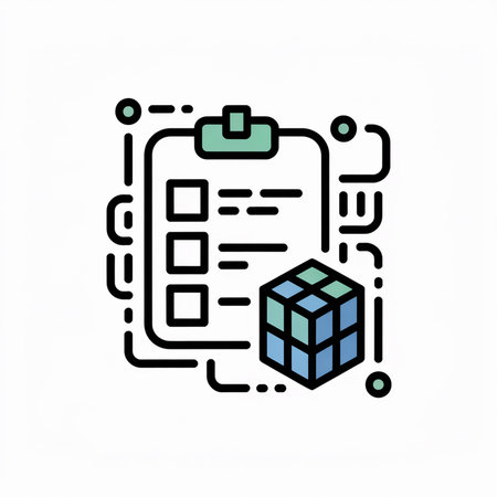A simple vector icon shows a checklist clipboard and a 3D cube linked by lines light teal and blue colors are used creating a clean minimalist styleのイラスト素材