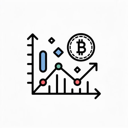A simple line graph illustrates Bitcoin's price increase with upward trending arrows.  Colored dots mark data points on the graph.  The style is minimalist and flat.のイラスト素材