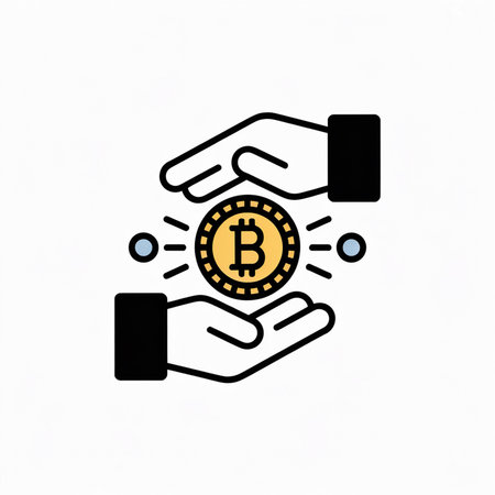 Minimalist vector icon depicting two hands safeguarding a gold Bitcoin coin against a white backdrop.  The coin is accented with light rays and small light blue circles.のイラスト素材