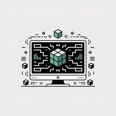 A teal and white cube is centrally positioned on a black circuit board displayed on a computer screen surrounded by smaller cubes and lines against a light gray background.  The style is minimalist and vector.のイラスト素材