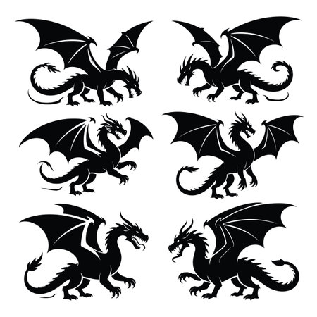Six black silhouettes of dragons with their wings extended are displayed on a white background.のイラスト素材