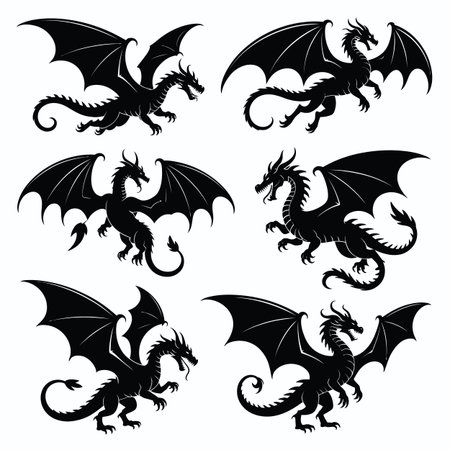 A set of six black silhouette dragons with their wings spread wide, presented on white.のイラスト素材