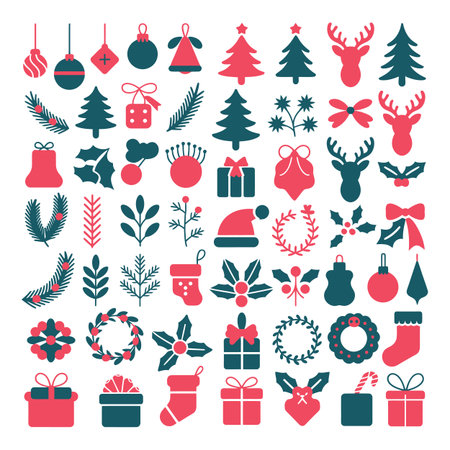 An extensive collection of red and green Christmas icons arranged on a white background.のイラスト素材