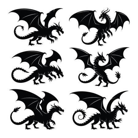 A set of six black dragon silhouettes showcasing various poses with their wings extended on white.のイラスト素材