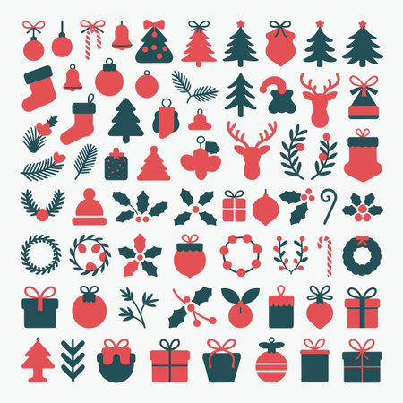 A collection of red and teal Christmas icons including trees, gifts, wreaths, and ornaments on a...のイラスト素材