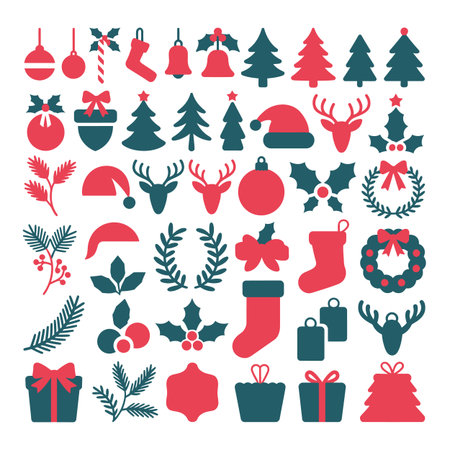 A collection of red and green Christmas icons including trees, reindeer, and gifts.のイラスト素材