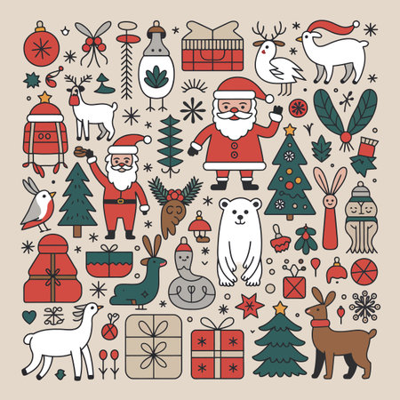 A festive Christmas doodle art collection featuring Santa, animals, trees, and gifts on a beige...のイラスト素材