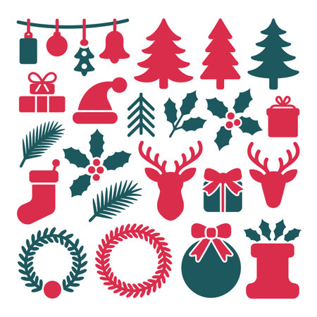 A collection of red and green Christmas icons including Santa, reindeer, trees, gifts, wreaths,...のイラスト素材