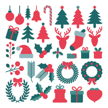 A variety of red and green Christmas icons displayed on a white background. Scalable vector forma...のイラスト素材