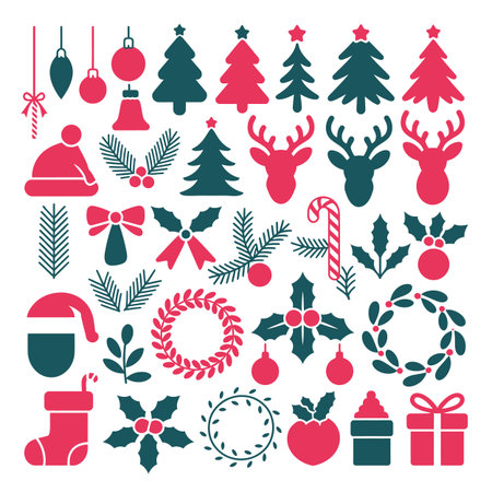 A collection of red and teal Christmas icons including trees, reindeer, gifts, and ornaments.のイラスト素材