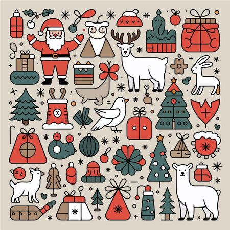 A collection of flat design Christmas icons including Santa Claus, reindeer, trees, gifts, and...のイラスト素材