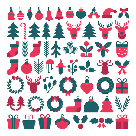 A large collection of red and teal Christmas icons on a white background. Scalable vector format ...のイラスト素材