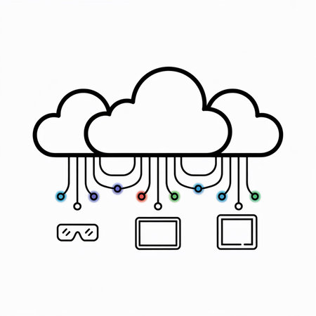 Three black outline clouds connected to smart glasses tablet and computer screen icons via colorful...