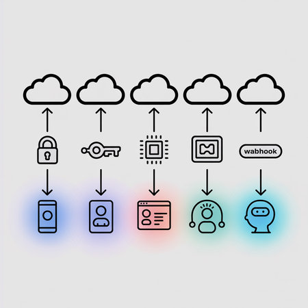 A clean line art illustration depicts a data flow from five cloud sources to various devices including a mobile phone ID card webpage user profile and AI robot using arrows and pastel colored backgroundsのイラスト素材