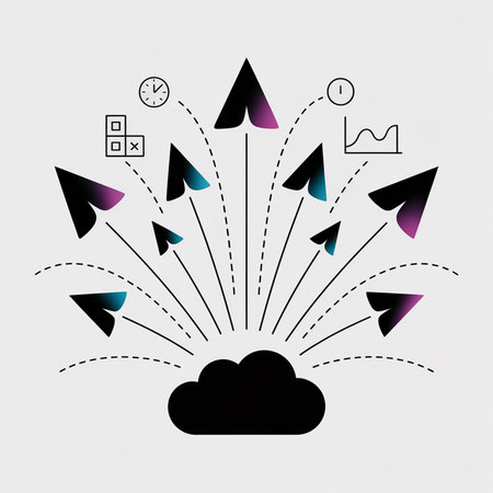 Multiple teal and purple gradient arrows converge on a central black cloud icon accompanied by various data icons including a clock, graph, and puzzle pieces against a light gray background.のイラスト素材