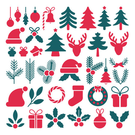 Collection of red and green Christmas icons on a white background for festive designのイラスト素材