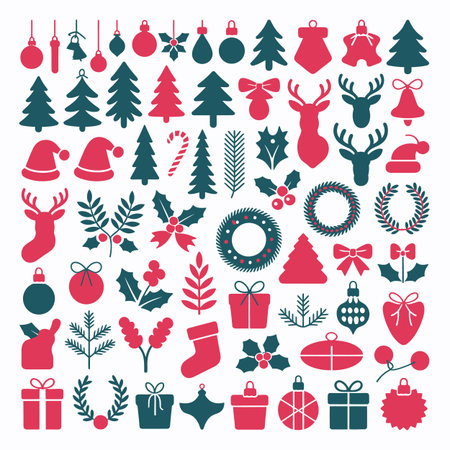 An extensive collection of red and teal Christmas icons including trees, reindeer, gifts, holly,...のイラスト素材