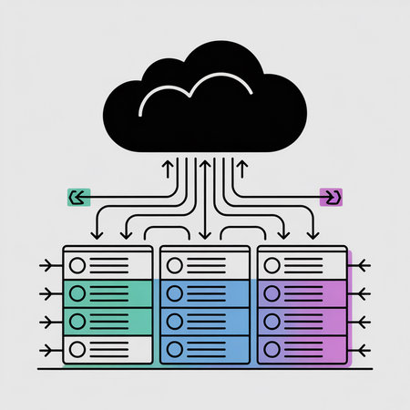 Data blocks in teal blue and purple transfer from a black cloud icon to three servers via arrows  The style is minimalist vector illustration.のイラスト素材