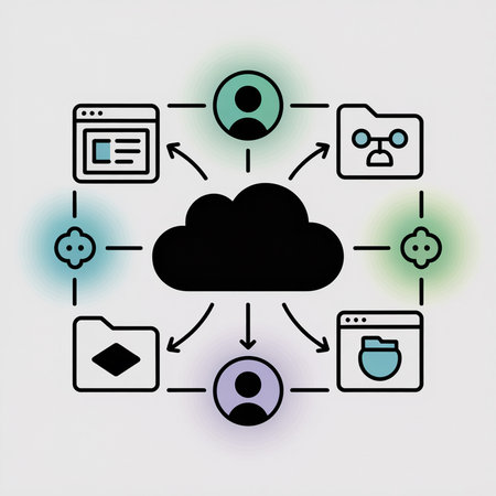 A simplified diagram shows data flow between users and applications via a central black cloud server.  User icons, web browser icons, and file folders are connected by lines against a light grey background with subtle teal, green, and purple gradients.のイラスト素材