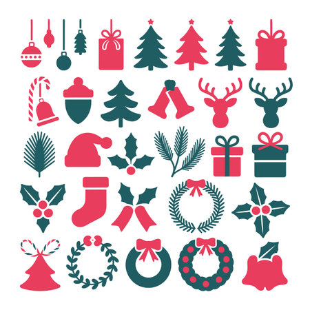 Collection of red and teal Christmas icons including trees, gifts, ornaments, and wreaths on white.のイラスト素材
