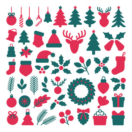 A collection of red and green Christmas icons presented on a white background Scalable vector for...のイラスト素材
