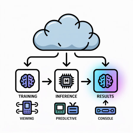 A stylized diagram depicts a cloud computing process using brain and microchip icons The color scheme includes light blue purple blue and teal gradientsのイラスト素材