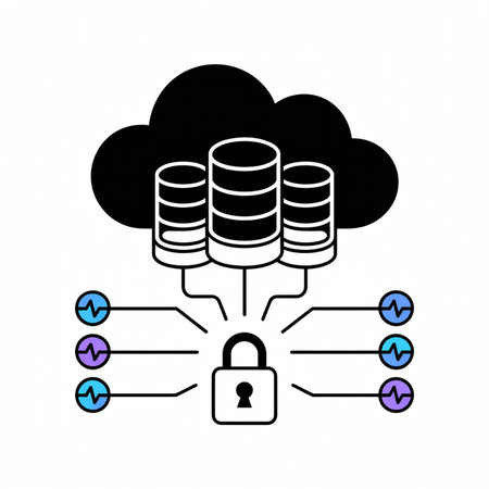 Black cloud graphic with three black database servers connected to a central black padlock by lines...