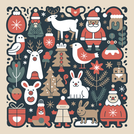 Flat design Christmas icons on a dark background featuring Santa, reindeer, birds, gifts, and trees.のイラスト素材